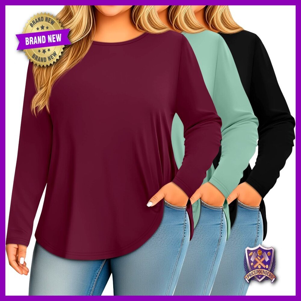 Plus Size Long Sleeve Crew Neck T-Shirts 3 Pack Loose Fit Stretchy Casual